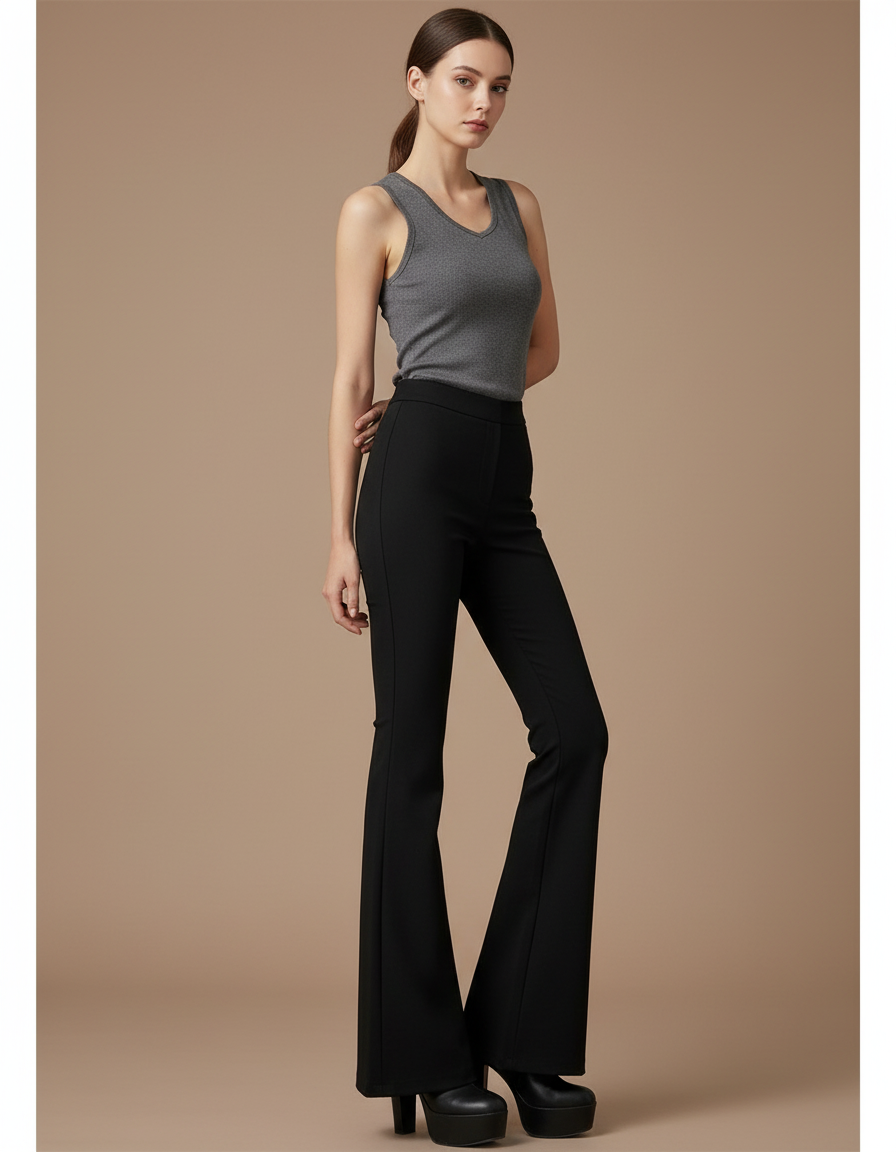 Pantalon Noir Ajusté Jambes Évasées Élégant Femme - Polyester