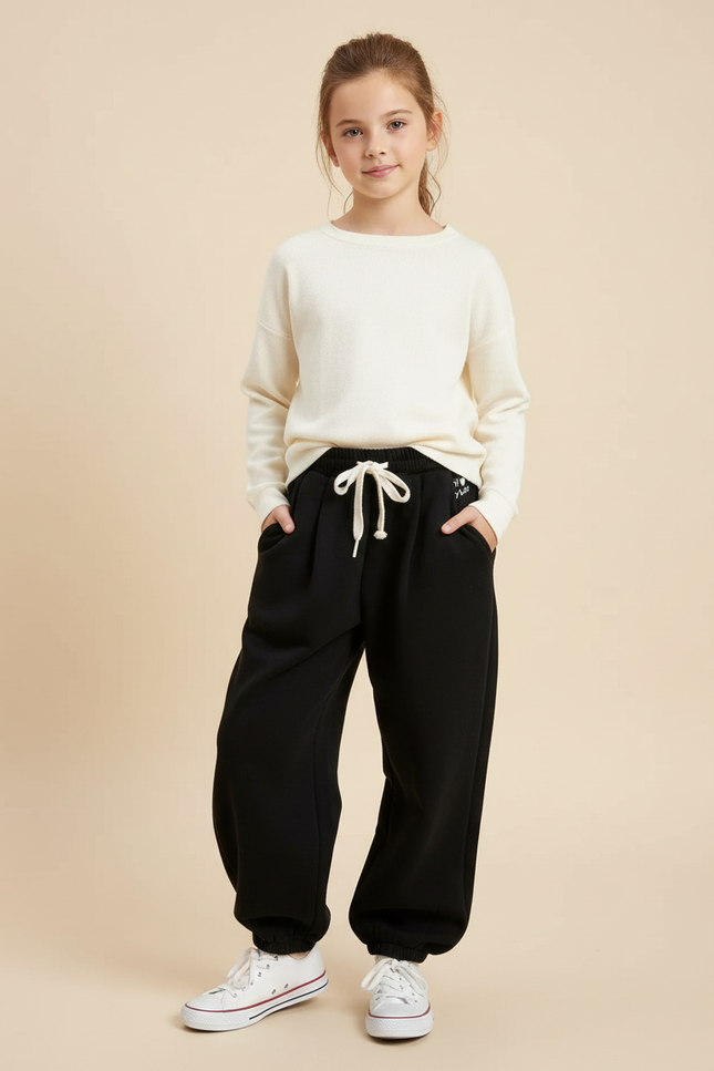 Pantalon Noir Ample Molletonné Cordon Fille