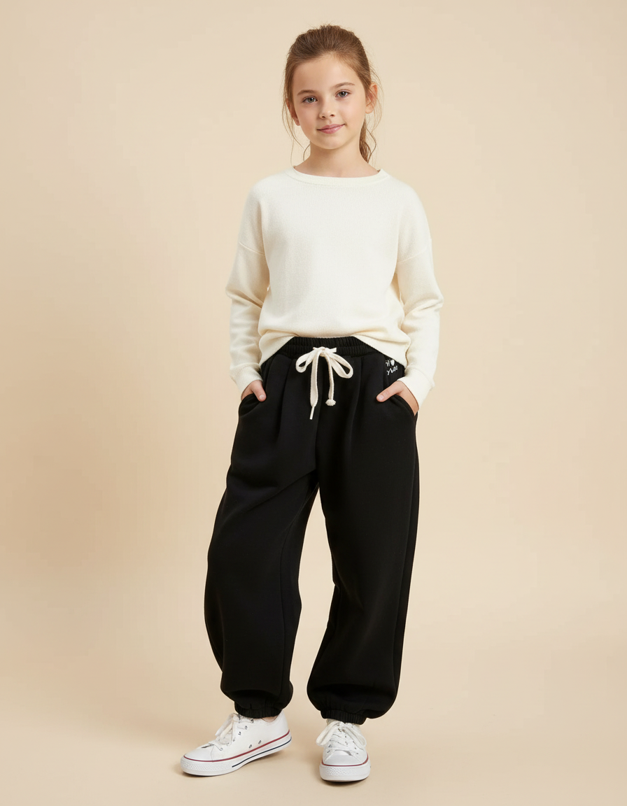 Pantalon Noir Ample Molletonné Cordon Fille