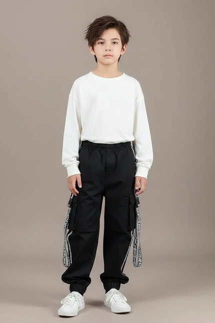 Pantalon Noir Cargo Ample Garçon Streetwear - Toile