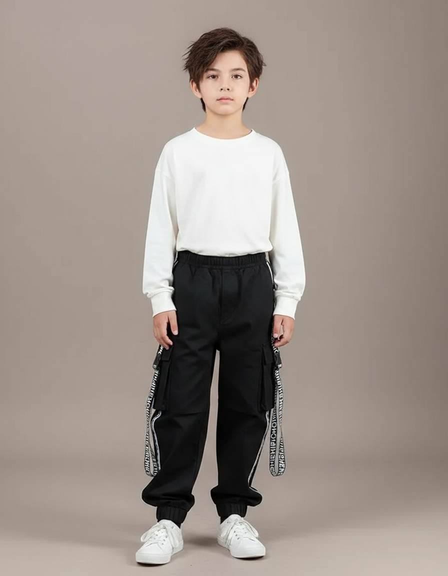 Pantalon Noir Cargo Ample Garçon Streetwear - Toile