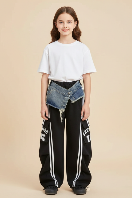 Pantalon Noir Cargo Ample Denim Splicé Fille - Polyester