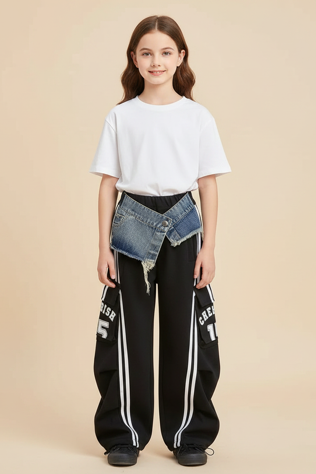 Pantalon Noir Cargo Ample Denim Splicé Fille - Polyester