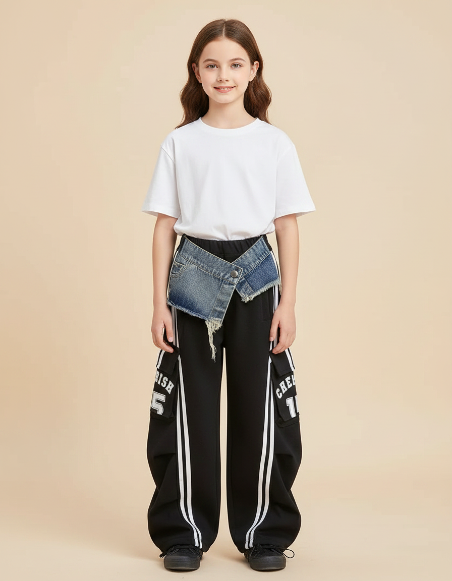 Pantalon Noir Cargo Ample Denim Splicé Fille - Polyester