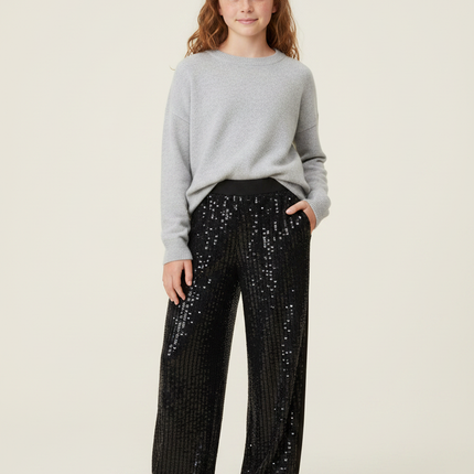 Pantalon Noir Paillettes Large Décontracté Fille - Polyester