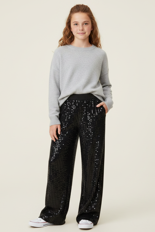 Pantalon Noir Paillettes Large Décontracté Fille - Polyester