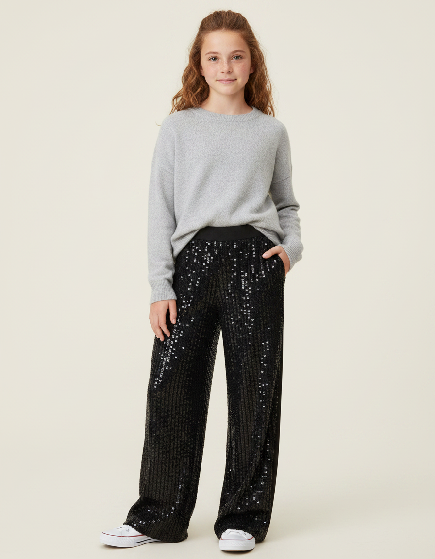 Pantalon Noir Paillettes Large Décontracté Fille - Polyester
