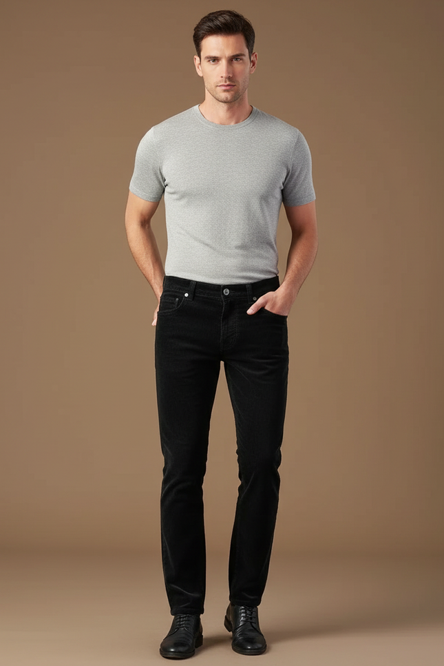 Pantalon Noir Côtelé Décontracté Coupe Droite Homme - Cordé