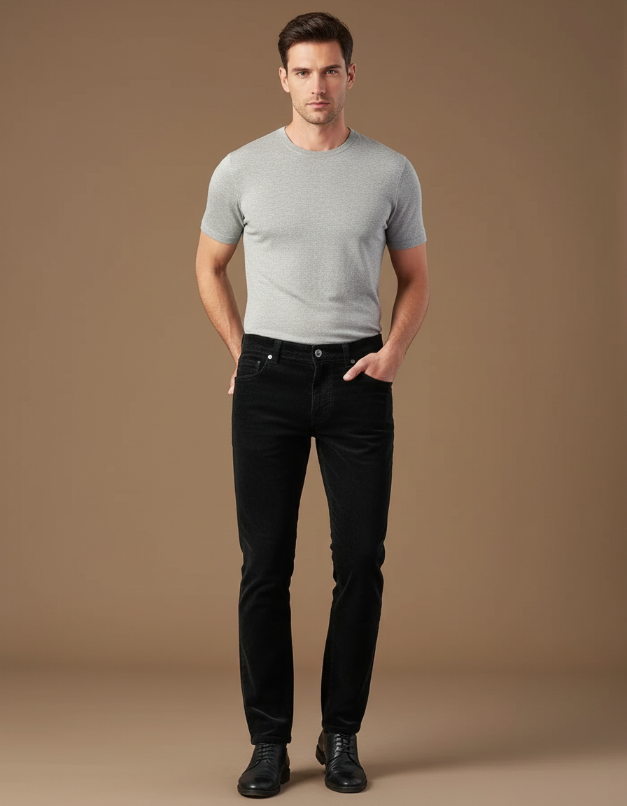 Pantalon Noir Côtelé Décontracté Coupe Droite Homme - Cordé
