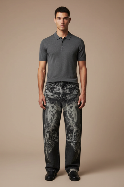 Pantalon Noir Baggy Brodé Vintage Hip Hop - Jean