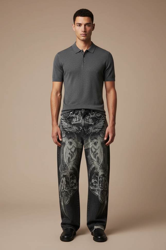 Pantalon Noir Baggy Brodé Vintage Hip Hop - Jean