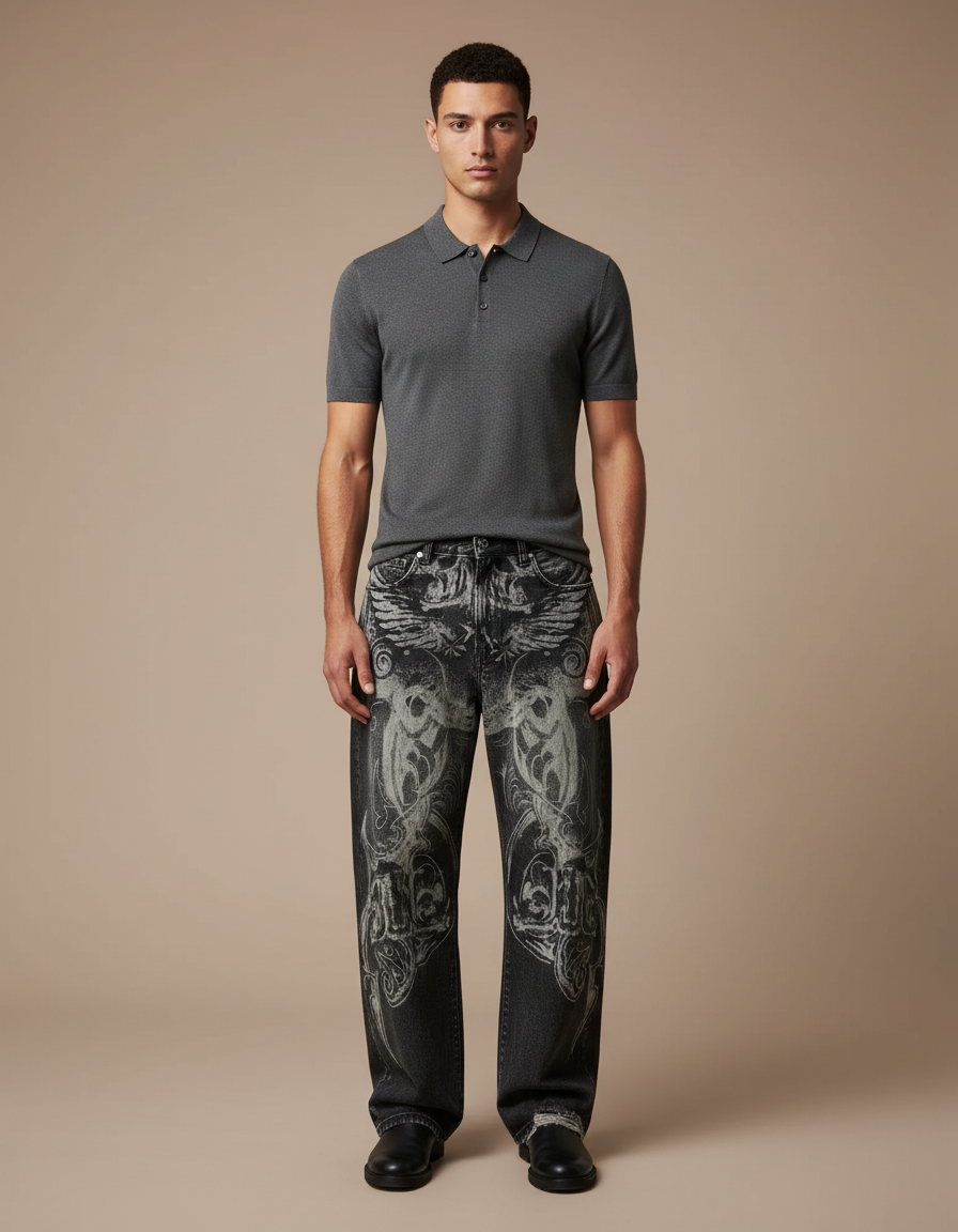 Pantalon Noir Baggy Brodé Vintage Hip Hop - Jean