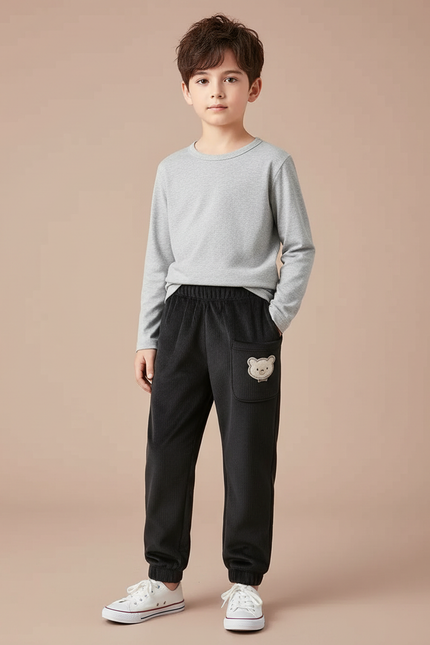 Pantalon Noir Côtelé Décontracté Enfant Brodé Ours - Cordé