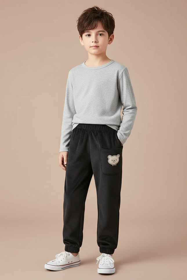 Pantalon Noir Côtelé Décontracté Enfant Brodé Ours - Cordé