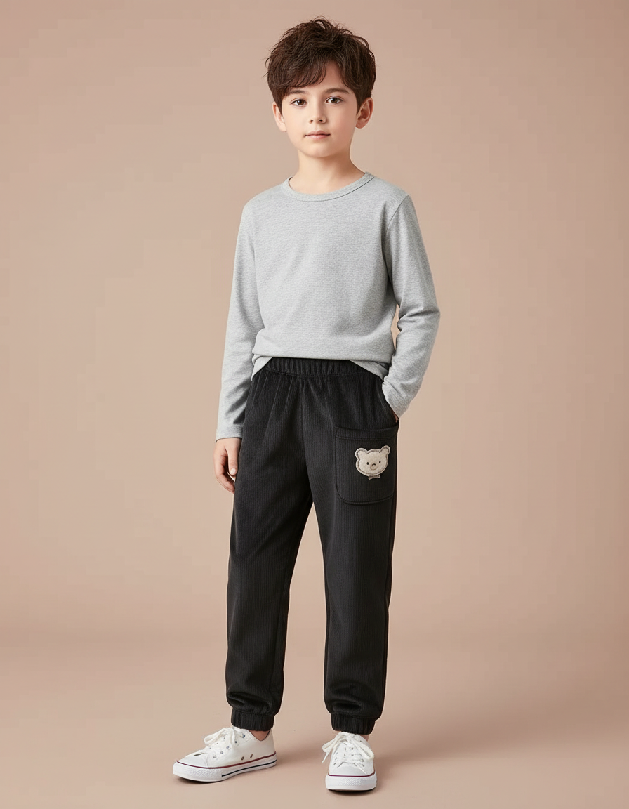 Pantalon Noir Côtelé Décontracté Enfant Brodé Ours - Cordé