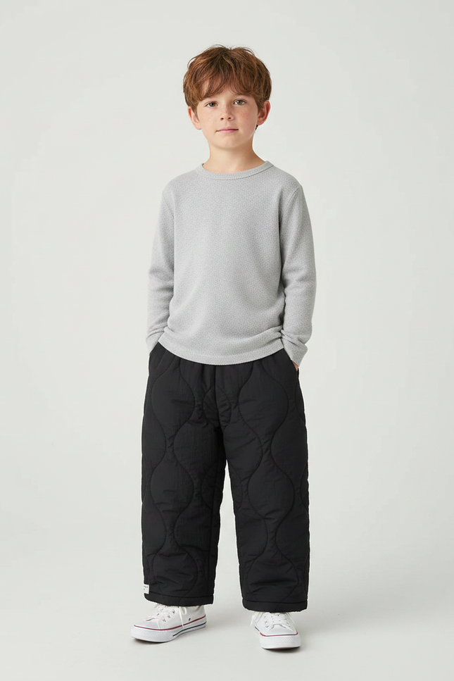 Pantalon Noir Matelassé Ample Épais Garçon Hiver Chaud - Polyester