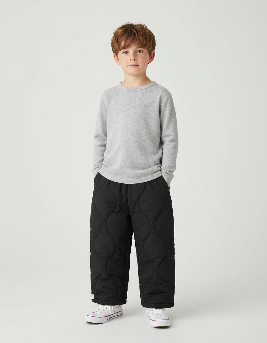 Pantalon Noir Matelassé Ample Épais Garçon Hiver Chaud - Polyester