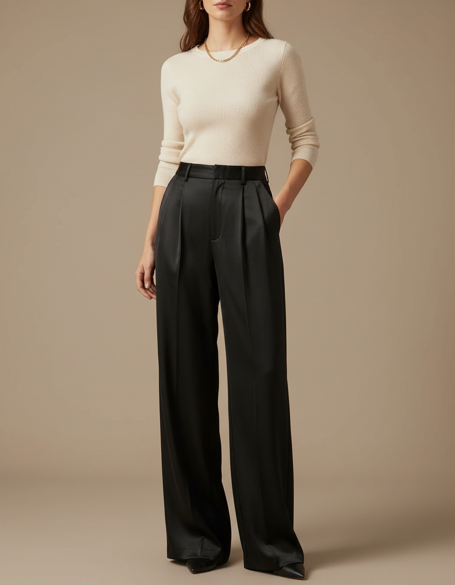 Pantalon Fluide Satin Noir