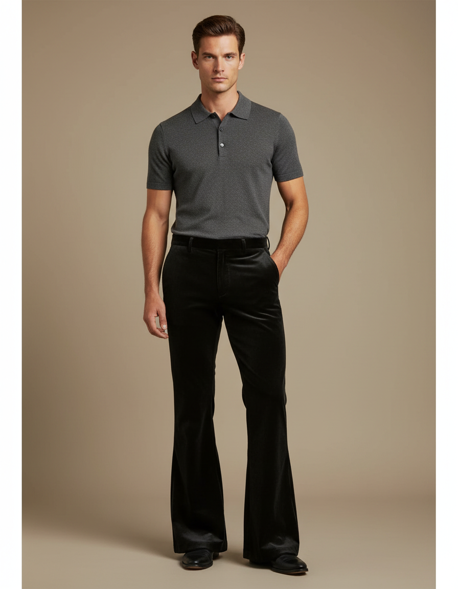 Pantalon Noir Velours Évasé Homme Élégant