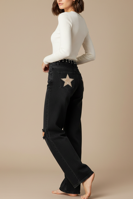 Pantalon Noir Jeans Ample Étoile Vintage Femme