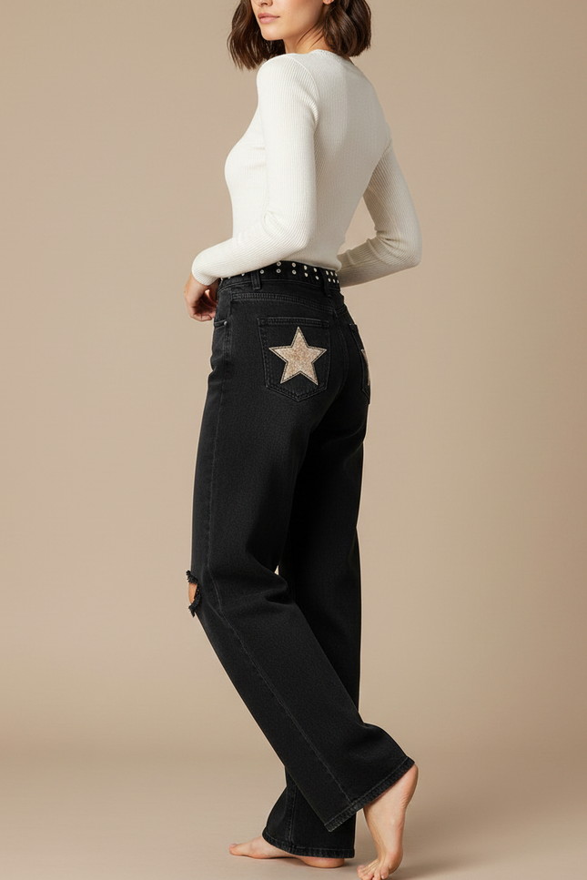 Pantalon Noir Jeans Ample Étoile Vintage Femme