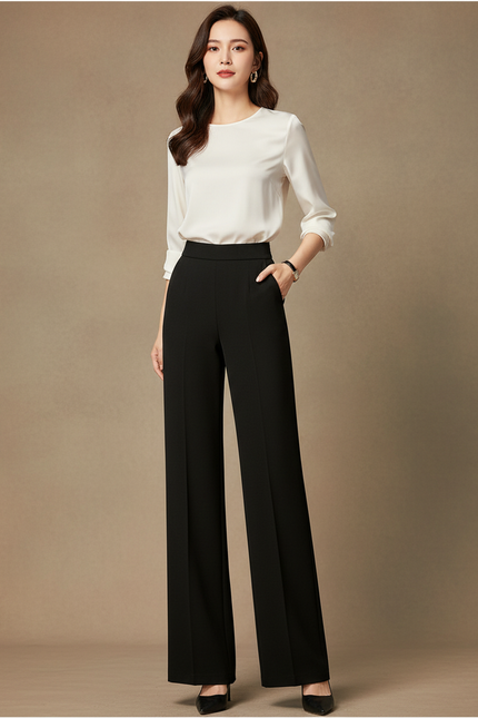 Pantalon Coupe Droite Noir Femme - Gabardine