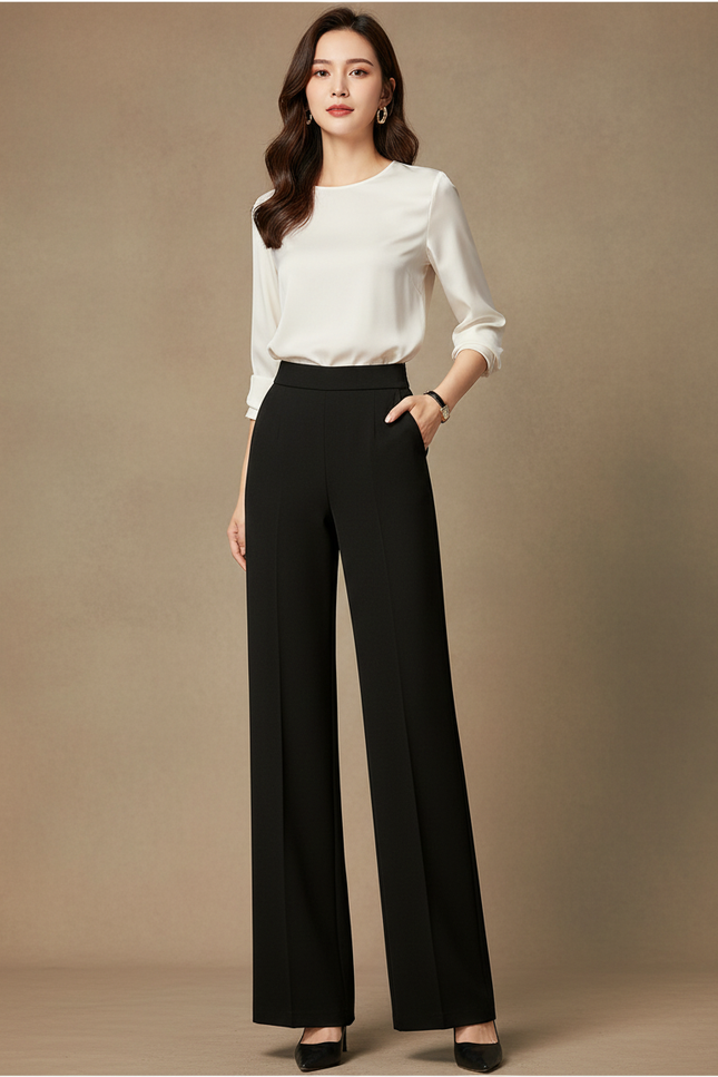Pantalon Coupe Droite Noir Femme - Gabardine