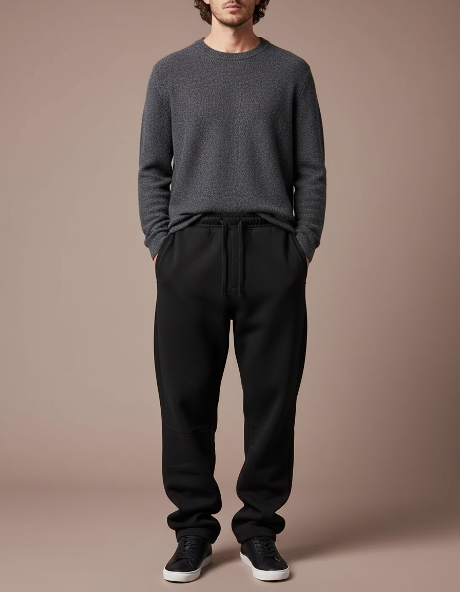 Pantalon Noir Ample Décontracté En Molleton Uni