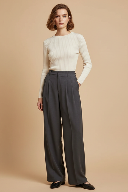 Pantalon Noir Plissé Large Élégant Femme - Gris Polyester