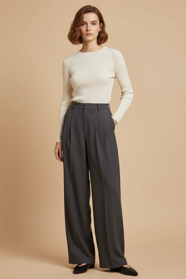 Pantalon Noir Plissé Large Élégant Femme - Gris Polyester