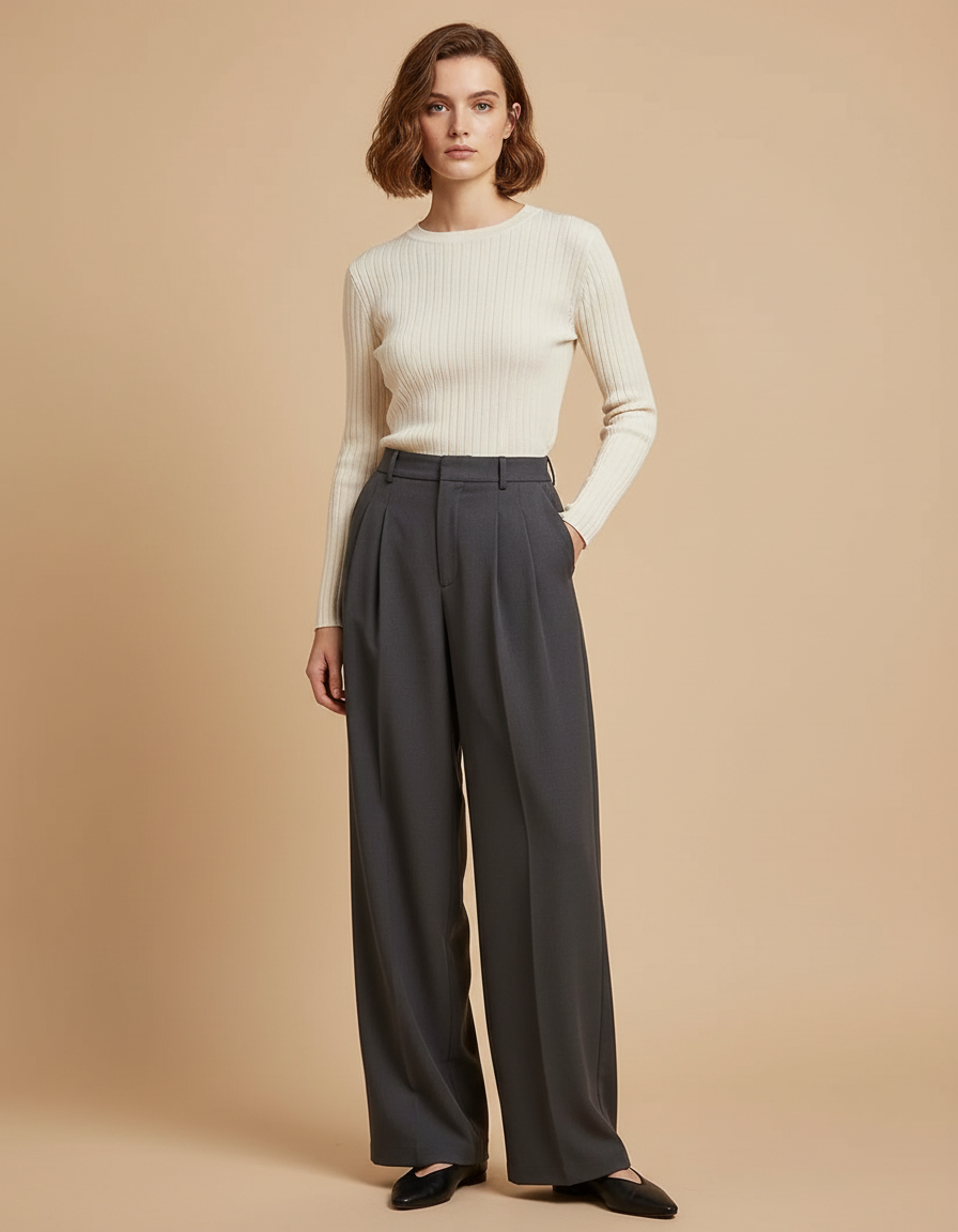 Pantalon Noir Plissé Large Élégant Femme - Gris Polyester