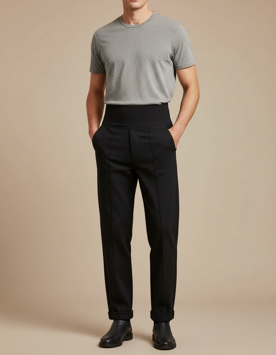 Pantalon Noir, Ajusté, Élégant, Taille Haute, Homme - Gabardine