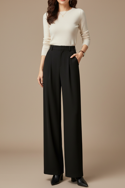 Pantalon Noir Femme Coupe Droite - Polyester