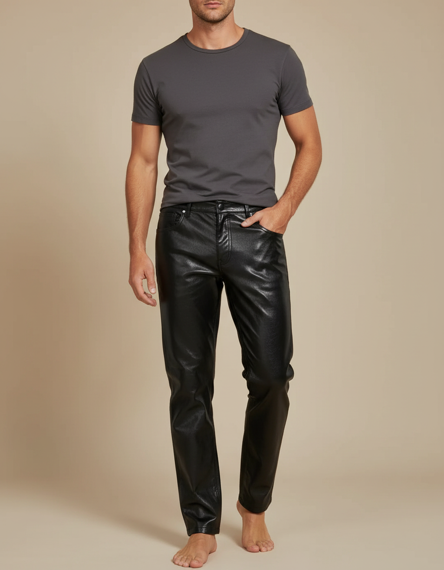 Pantalon Noir Brillant Similicuir Coupe Droite Homme - Simili cuir