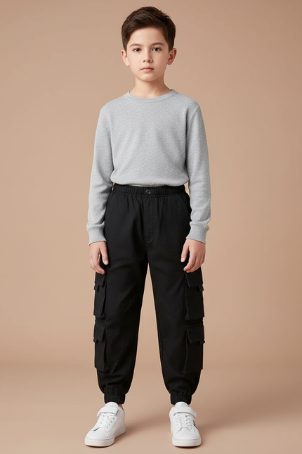 Pantalon Noir Cargo Garçon Décontracté Multi-Poches - Toile