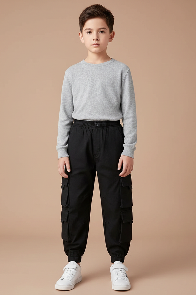 Pantalon Noir Cargo Garçon Décontracté Multi-Poches - Toile