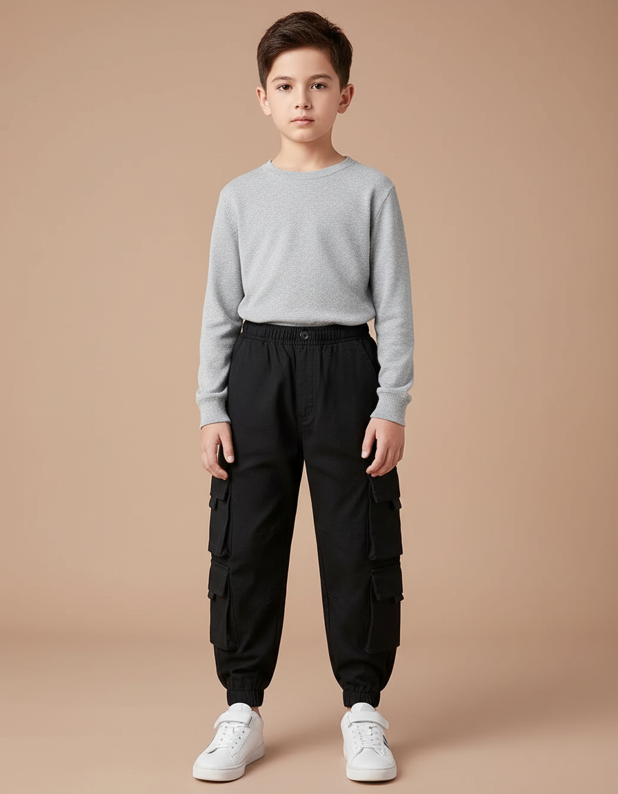 Pantalon Noir Cargo Garçon Décontracté Multi-Poches - Toile