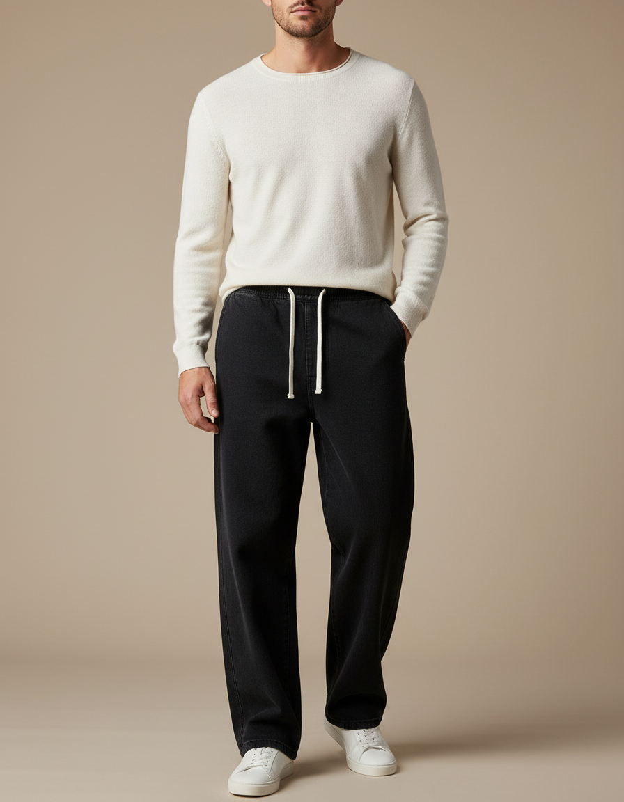 Pantalon Noir Ample Cordon Décontracté Confortable Homme - Molleton