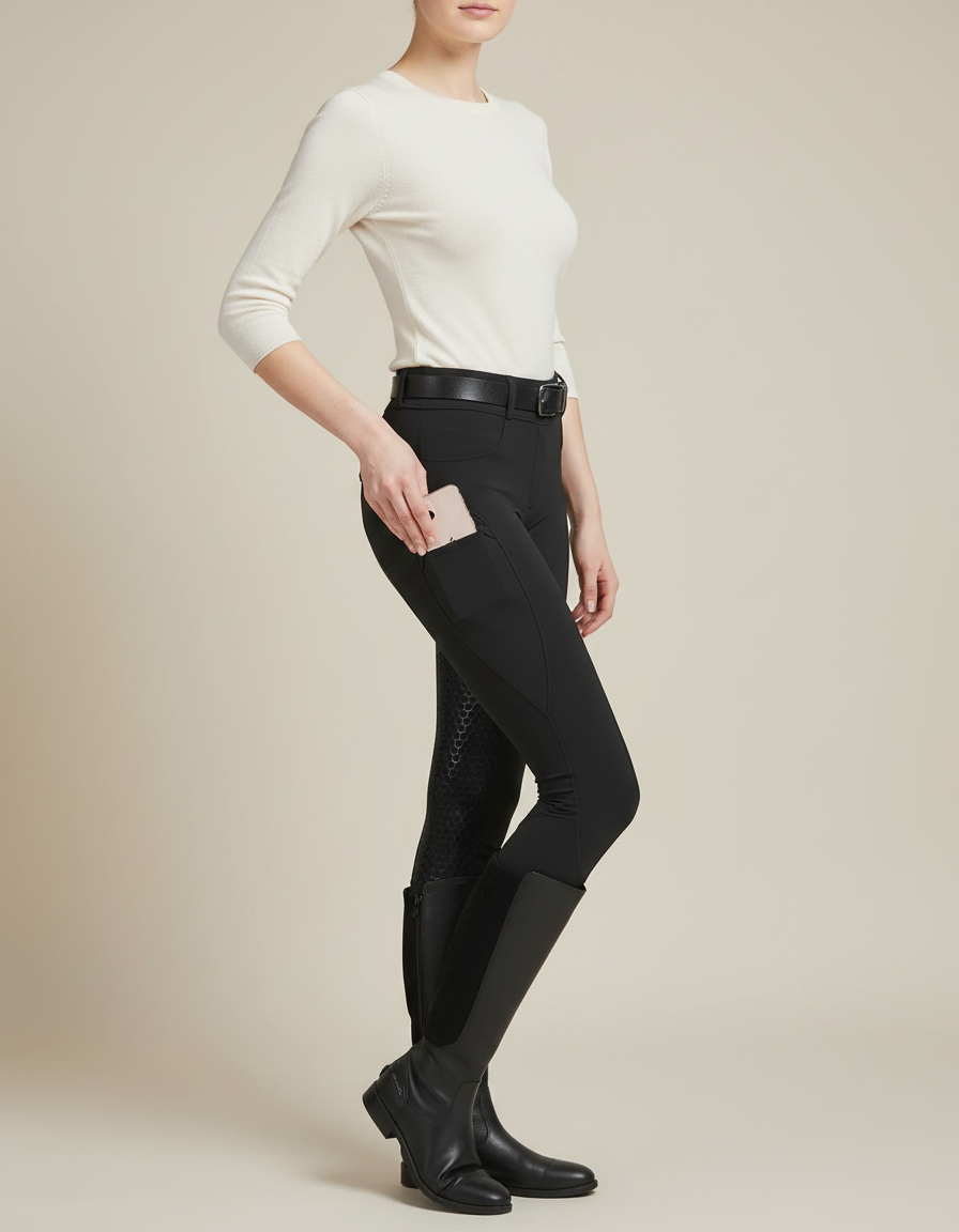 Pantalon Noir Équitation Silicone Ajusté Stretch Femme - Polyester