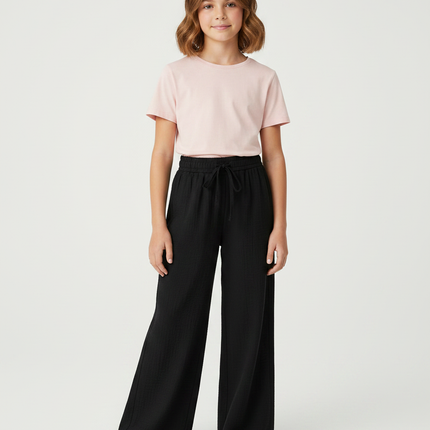 Pantalon Noir Ample Élastique Fluide Fille Confortable - Lin