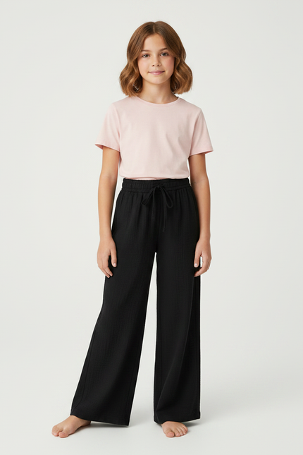 Pantalon Noir Ample Élastique Fluide Fille Confortable - Lin