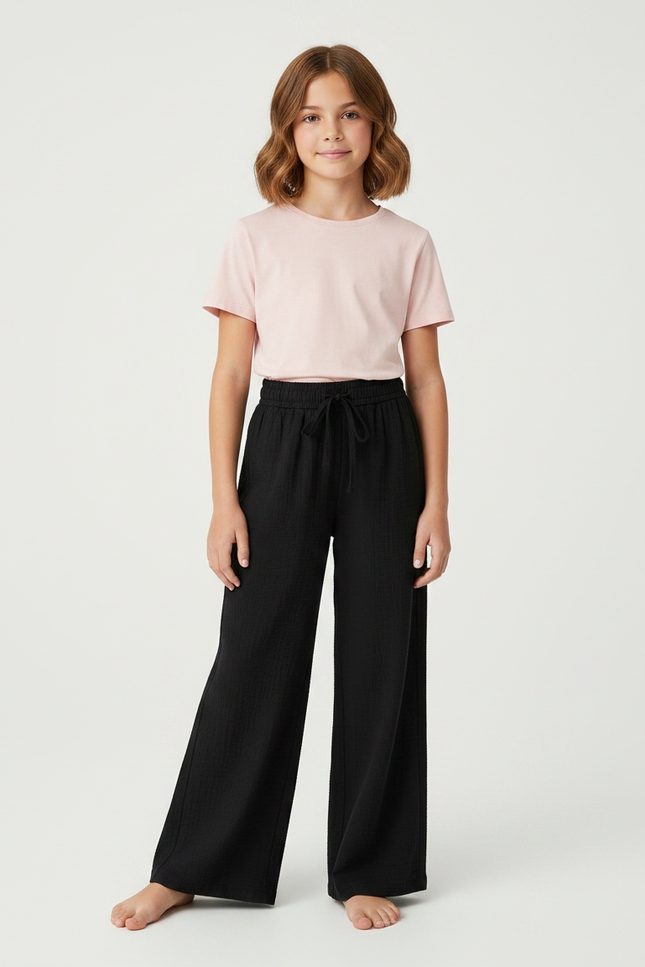 Pantalon Noir Ample Élastique Fluide Fille Confortable - Lin
