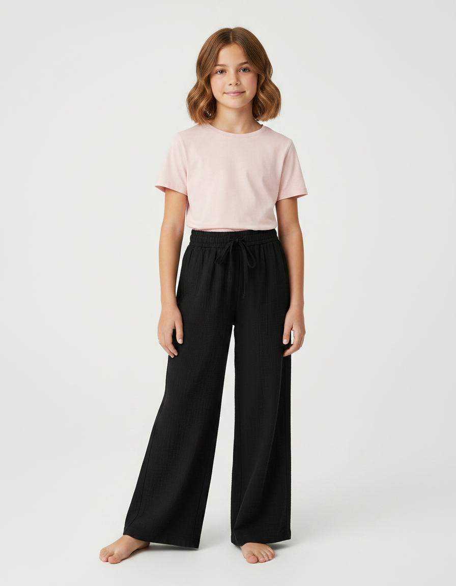 Pantalon Noir Ample Élastique Fluide Fille Confortable - Lin