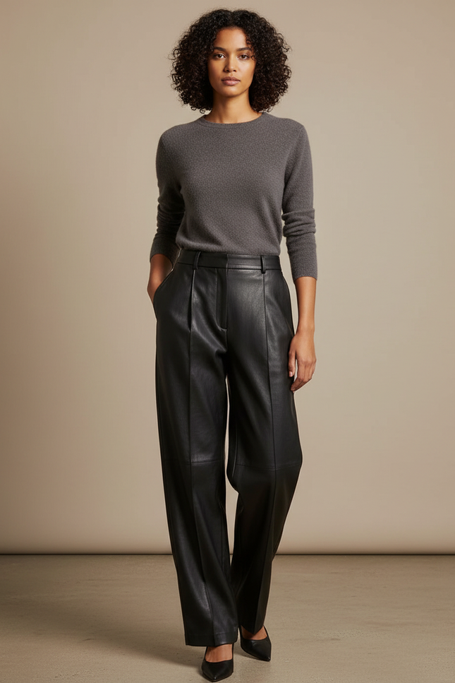 Pantalon Noir Similicuir Ample Droit Taille Haute - Simili cuir
