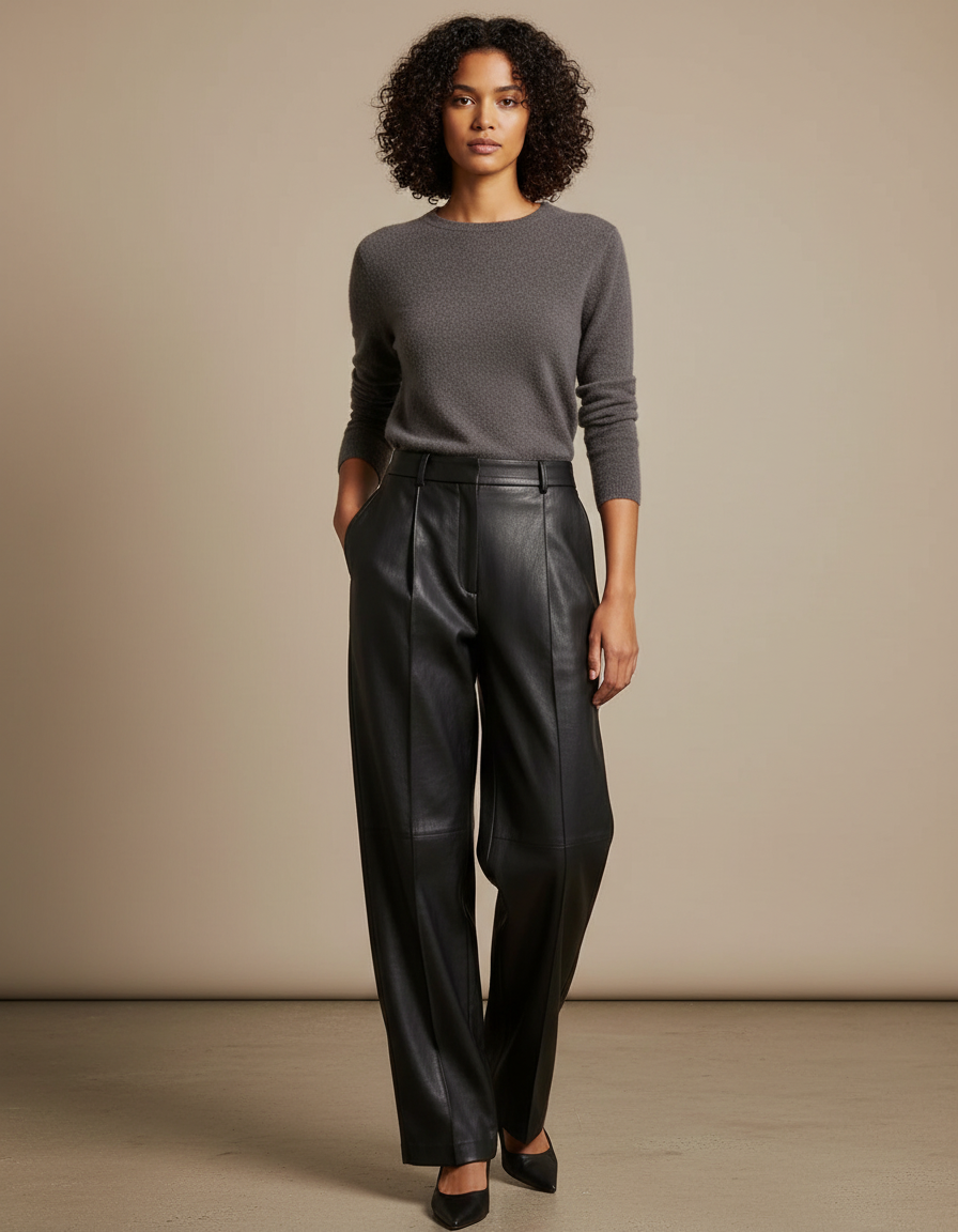 Pantalon Noir Similicuir Ample Droit Taille Haute - Simili cuir