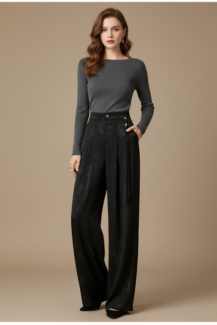 Pantalon Noir Jacquard Ample Fluide Satin Femme