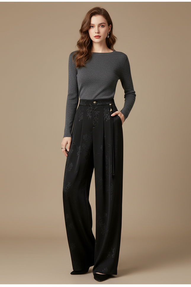 Pantalon Noir Jacquard Ample Fluide Satin Femme
