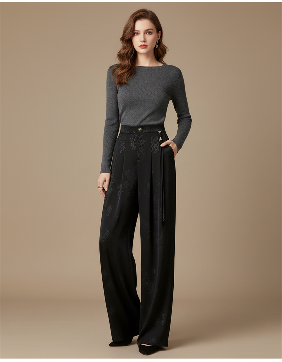 Pantalon Noir Jacquard Ample Fluide Satin Femme