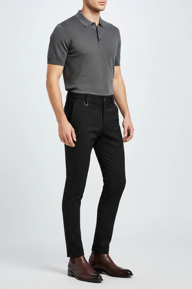 Pantalon Noir Rayé Slim Habillé Formel Élégant - Gabardine