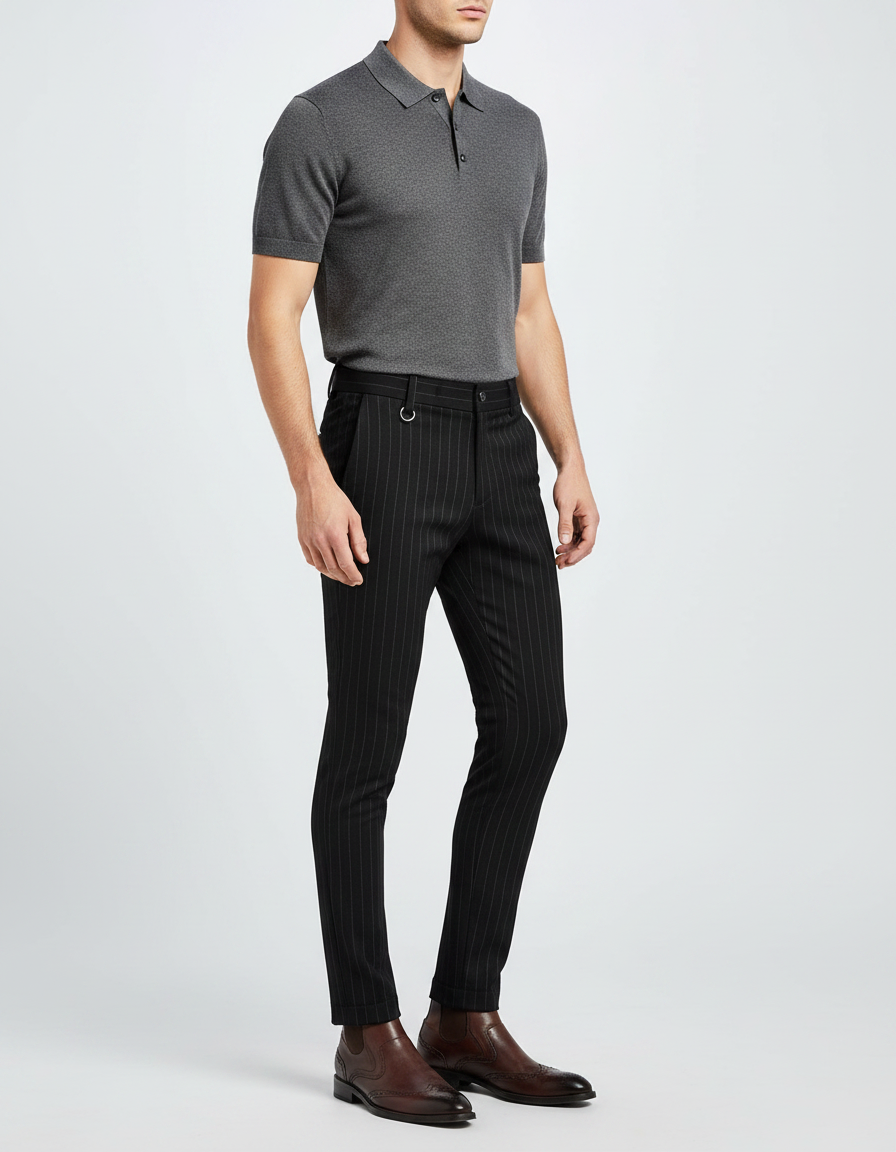 Pantalon Noir Rayé Slim Habillé Formel Élégant - Gabardine